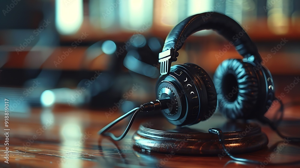 Music copyright law concept Headphones and judge gavel background with copyspace Music piracy and owners rights : Generative AI