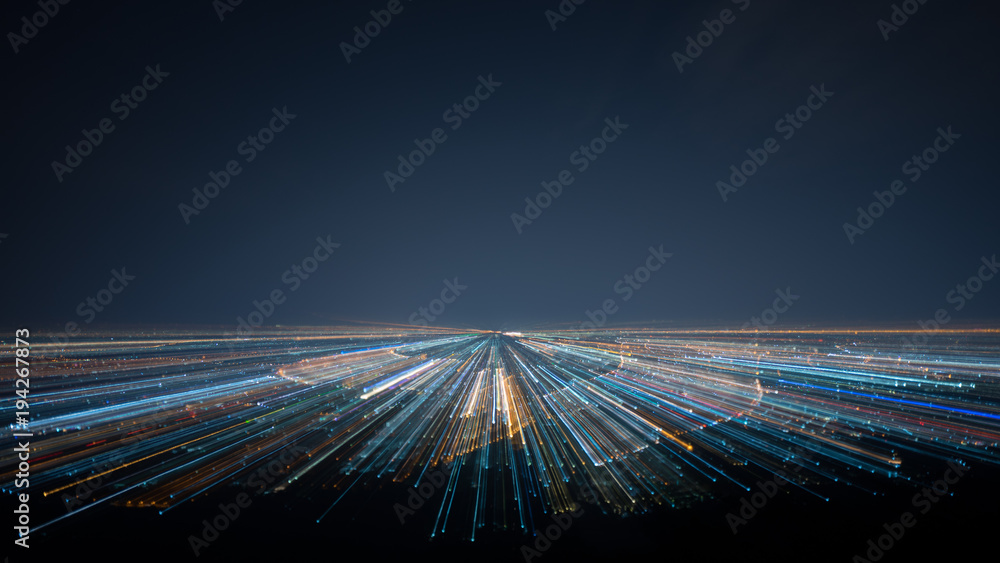 night shot from view point. Concept for warp effect futuristic space tunnel and digital town