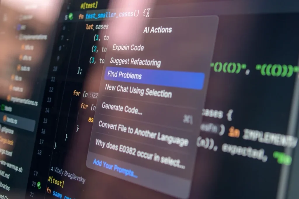 Close-up of AI-assisted coding showing debugging and review options on screen