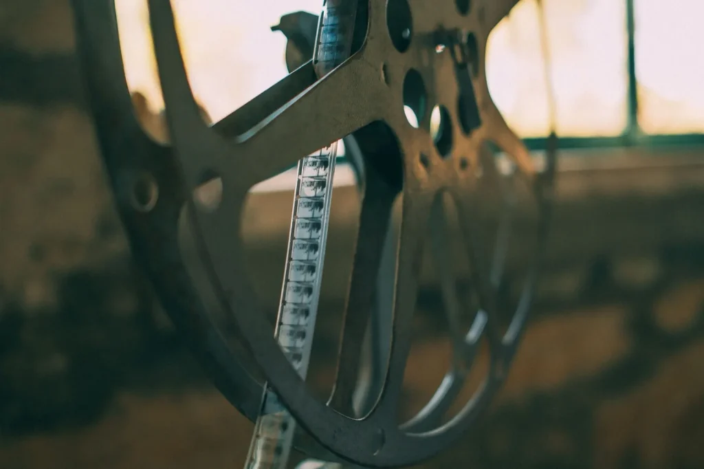 A vintage film reel from a broadcast archive in soft light